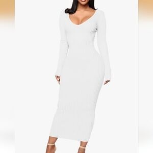 White Ribbed BodyCon Long Sleeve Dress Size L